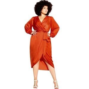 City Chic Opulent Wrap Dress Size 18 Orange Satin Midi Waist Tie Long Sleeves‎